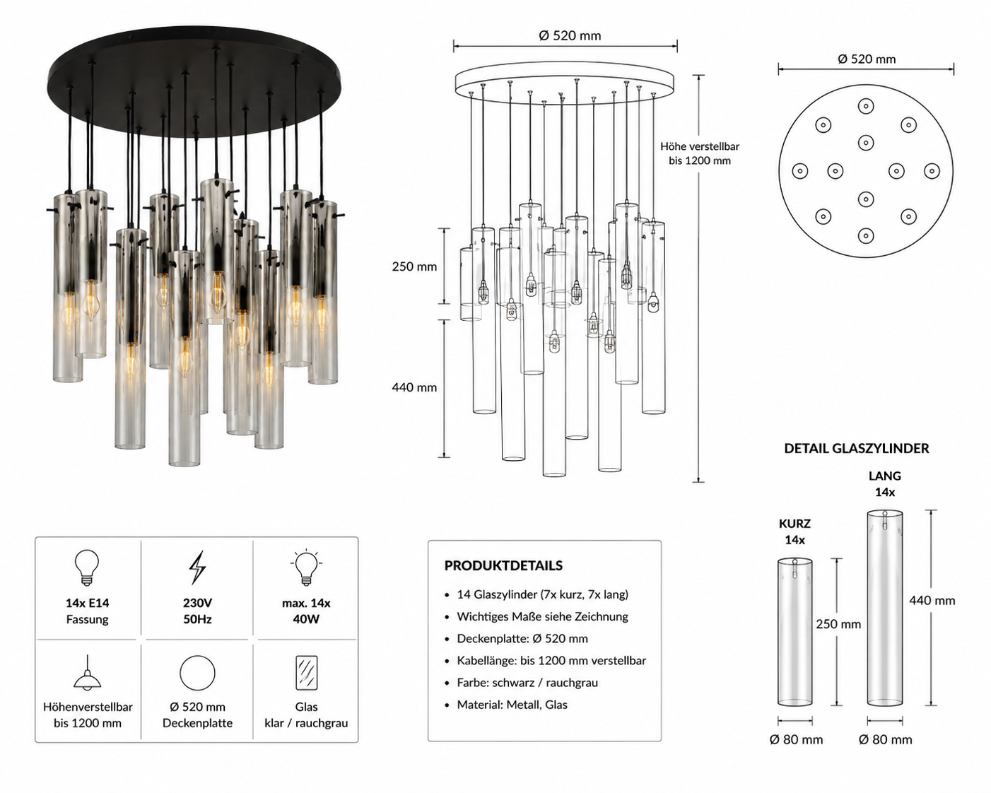 Design-Pendelleuchte Ember – 14-flammig – Rauchglas & Metall Schwarz – Höhenverstellbar