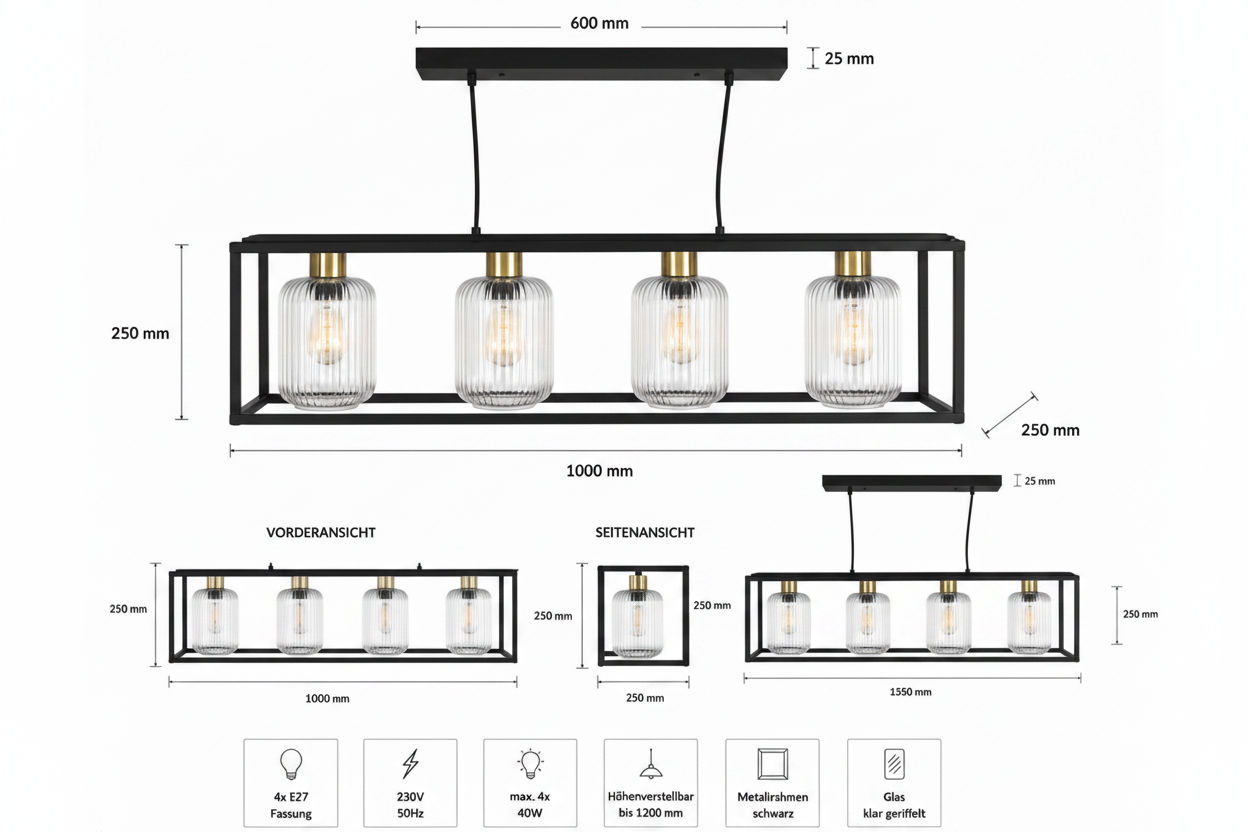 Moderne 4-flammige Pendelleuchte – Schwarz & Geriffeltes Glas – Höhenverstellbar – 100 cm