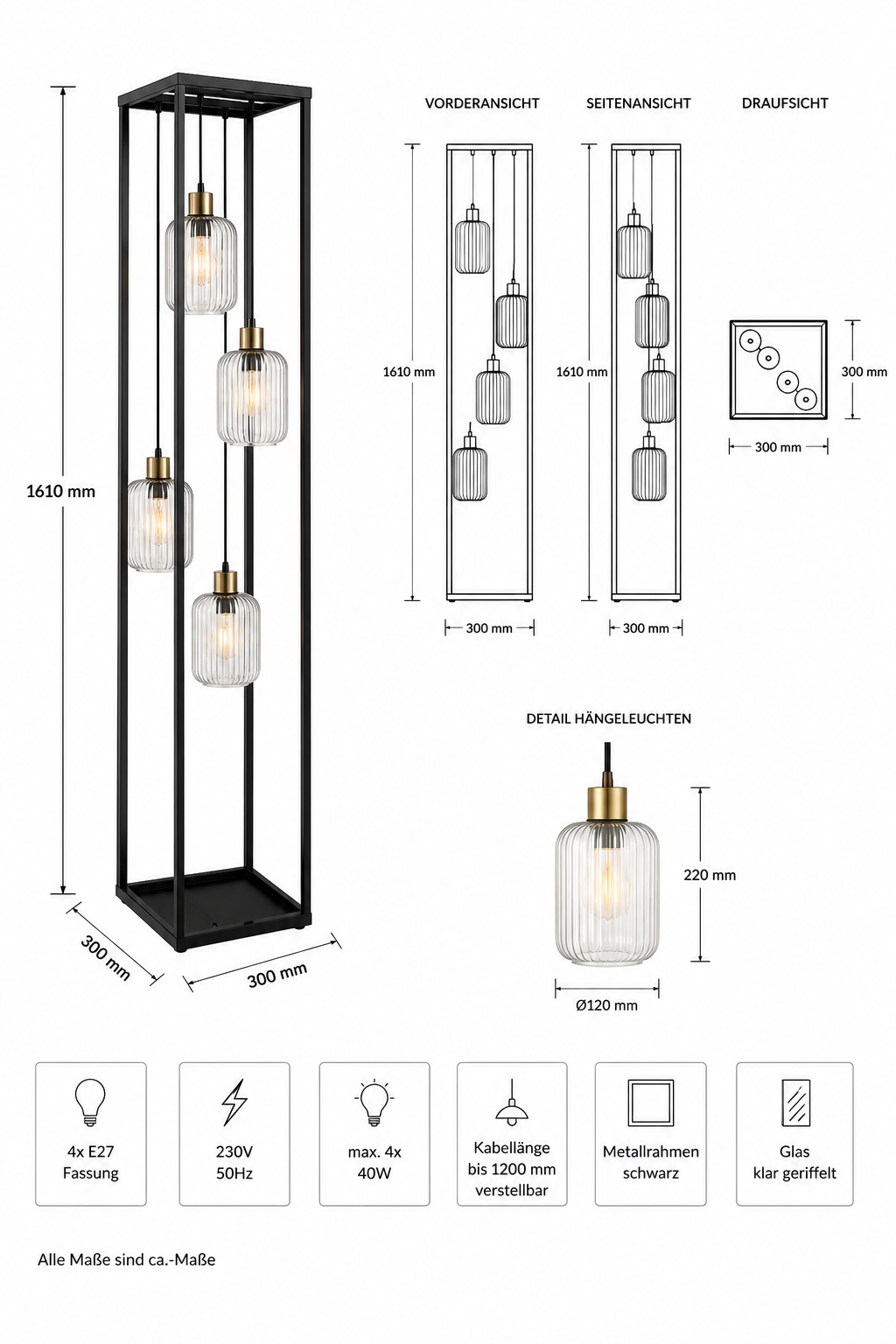 Moderne Design-Stehleuchte mit 4 Pendelleuchten – Schwarz & Geriffeltes Glas – 161 cm