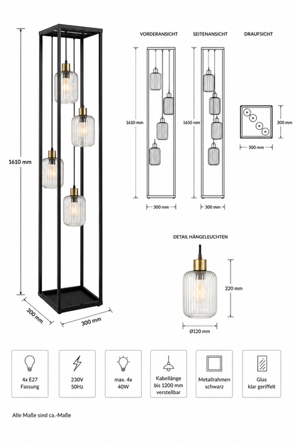 Moderne Design-Stehleuchte mit 4 Pendelleuchten – Schwarz & Geriffeltes Glas – 161 cm