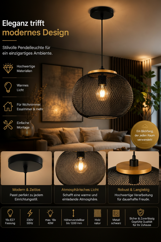 FURNIQS Pendelleuchte Stetson 1-flammig – Schwarz/Naturholz, Metallgeflecht, E27