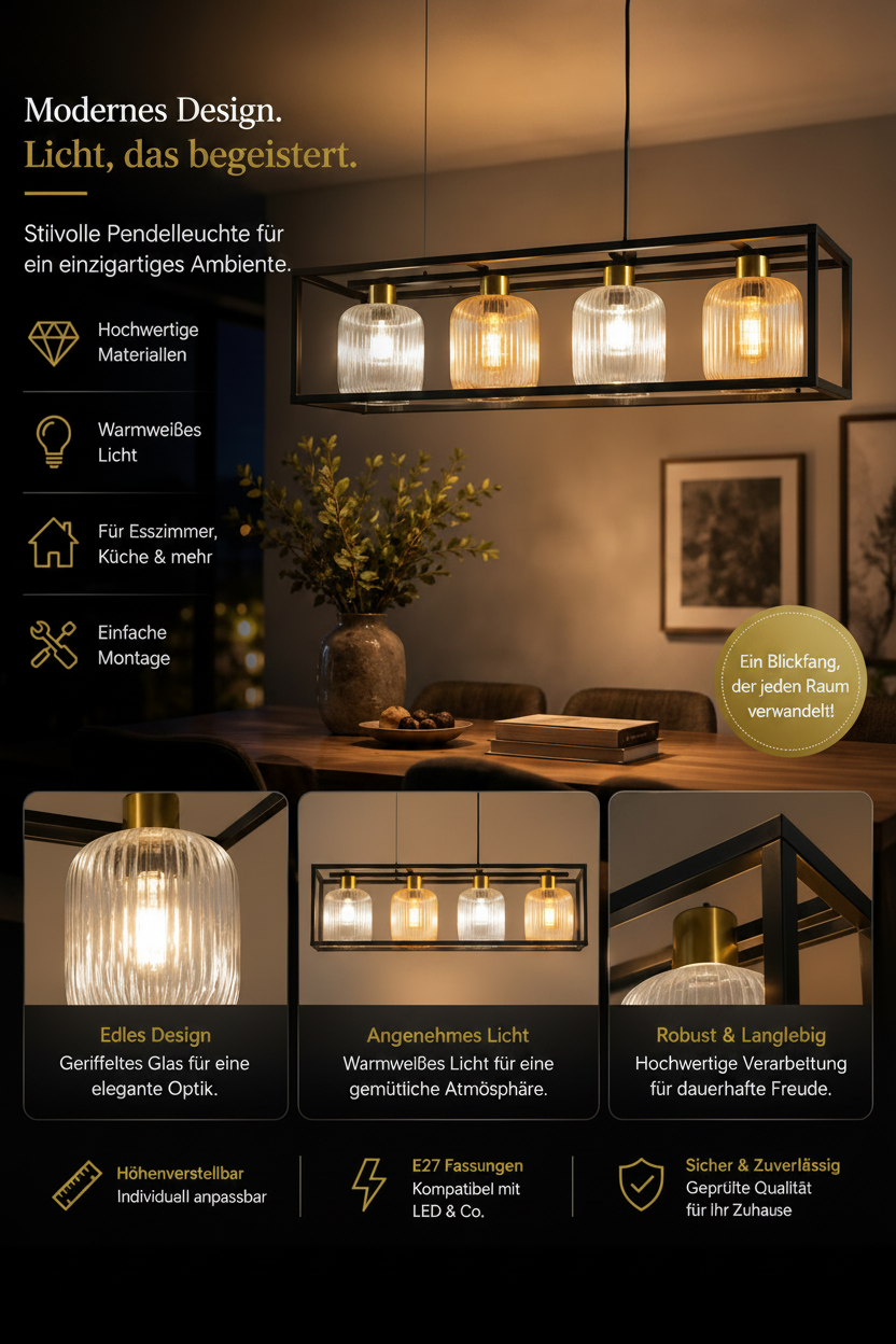 Moderne 4-flammige Pendelleuchte – Schwarz & Geriffeltes Glas – Höhenverstellbar – 100 cm