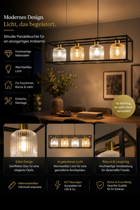 Moderne 4-flammige Pendelleuchte – Schwarz & Geriffeltes Glas – Höhenverstellbar – 100 cm