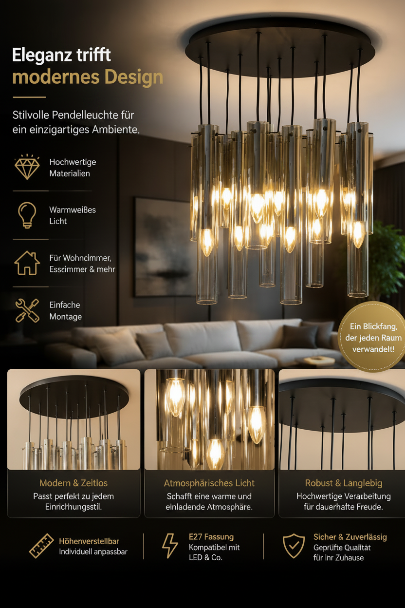 Design-Pendelleuchte Ember – 14-flammig – Rauchglas & Metall Schwarz – Höhenverstellbar