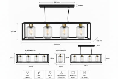 Moderne 4-flammige Pendelleuchte – Schwarz & Geriffeltes Glas – Höhenverstellbar – 100 cm