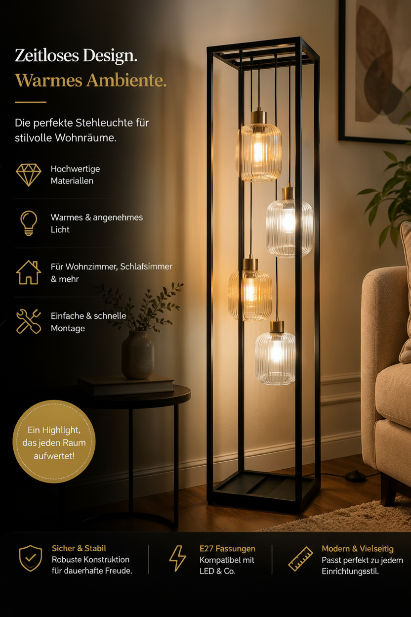 Moderne Design-Stehleuchte mit 4 Pendelleuchten – Schwarz & Geriffeltes Glas – 161 cm