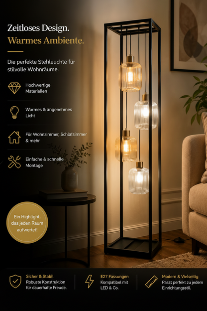 Moderne Design-Stehleuchte mit 4 Pendelleuchten – Schwarz & Geriffeltes Glas – 161 cm